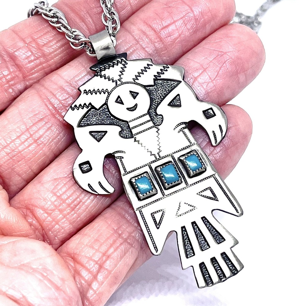 VTG Kachina Necklace Bell Trading Post 30in Faux Turquoise Nickel Silver 60s Big